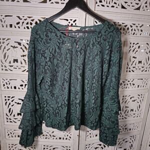 Solitaire Forest Green Lace Top Medium Romantic Bell Sleeve Blouse Boho Peasant